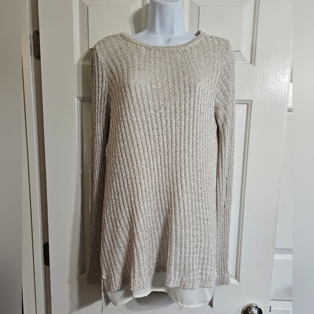 Apt. 9 L Metallic Ribbed Sweater Chiffon Trim Holiday Sparkle Elevated Essential - Picture 2 of 7